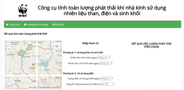 Giao diện một công cụ tính toán lượng phát thải trực tuyến